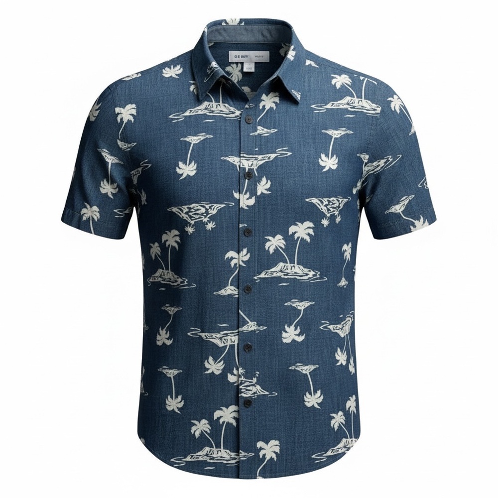 Old Navy Shirt Men’s L Slim Fit Hawaiian Palm Tree Island Denim Chambray